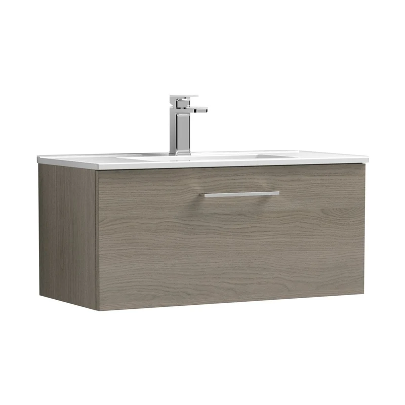 Nuie Arno 800mm Wall Hung 1 Drawer Vanity & Basin 2 Contemporary Solace Oak MFC Textured Woodgrain 377x800x390mm