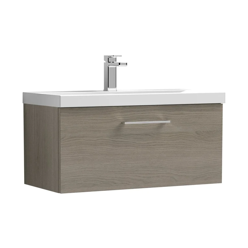 Nuie Arno 800mm Wall Hung 1 Drawer Vanity & Basin 1 Contemporary Solace Oak MFC Textured Woodgrain 399x810x390mm