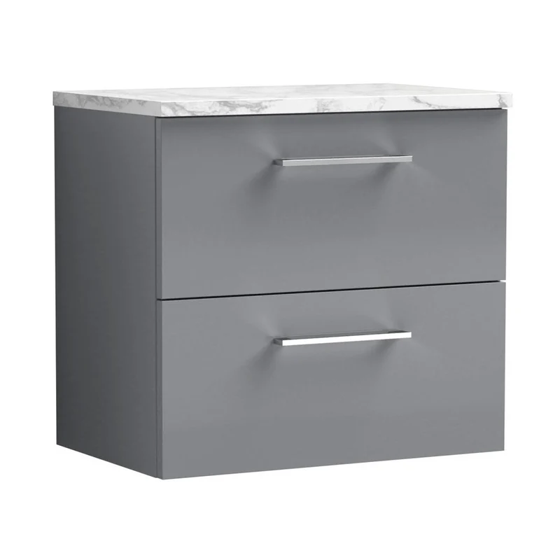 Nuie Arno 600mm Wall Hung 2-drawer Vanity & Laminate Worktop Contemporary Satin Grey MFC Painted Matt 562x605x390mm