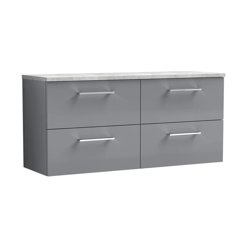 Nuie Arno 1200mm Wall Hung 4-drawer Vanity & Laminate Worktop Contemporary Satin Grey MFC Painted Matt 562x1205x390mm - ARN2224LBG2