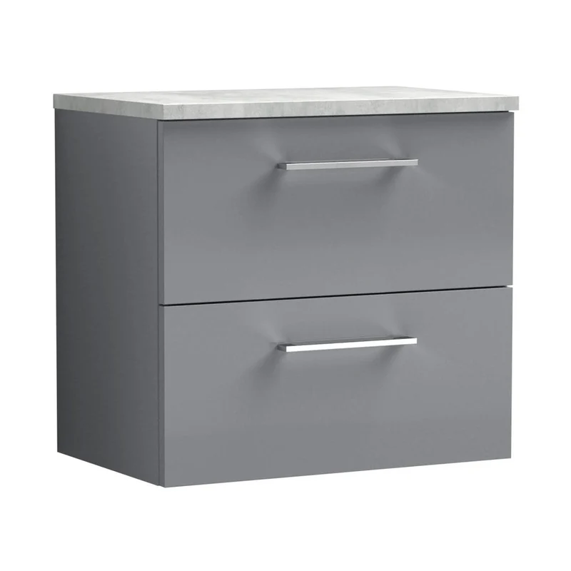 Nuie Arno 600mm Wall Hung 2 Drawer Vanity & Laminate Top Contemporary Satin Grey MFC Painted Matt 561x605x390mm
