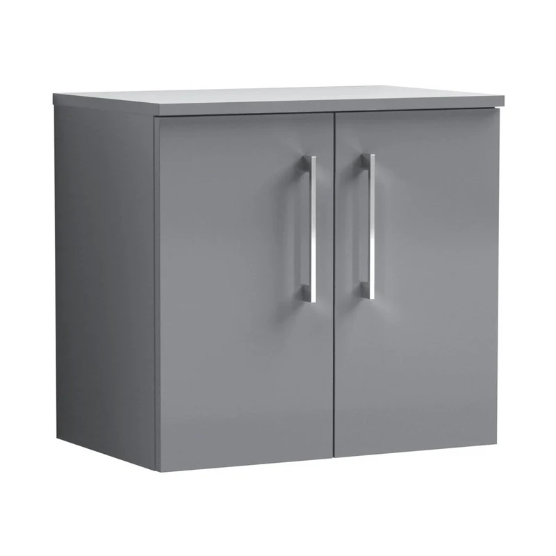 Nuie Arno 600mm Wall Hung 2 Door Vanity & Worktop Contemporary Satin Grey MFC Painted Matt 557x600x383mm