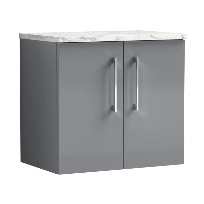 Nuie Arno 600mm Wall Hung 2-door Vanity & Laminate Worktop Contemporary Satin Grey MFC Painted Matt 562x605x390mm
