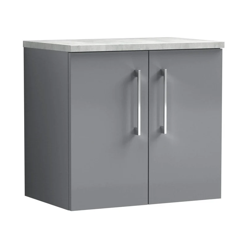Nuie Arno 600mm Wall Hung 2 Door Vanity & Laminate Top Contemporary Satin Grey MFC Painted Matt 561x605x390mm