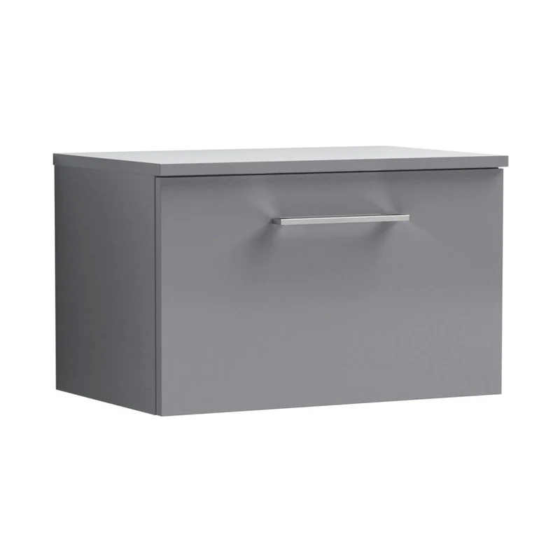 Nuie Arno 600mm Wall Hung 1 Drawer Vanity & Worktop Contemporary Satin Grey MFC Painted Matt 377x605x390mm
