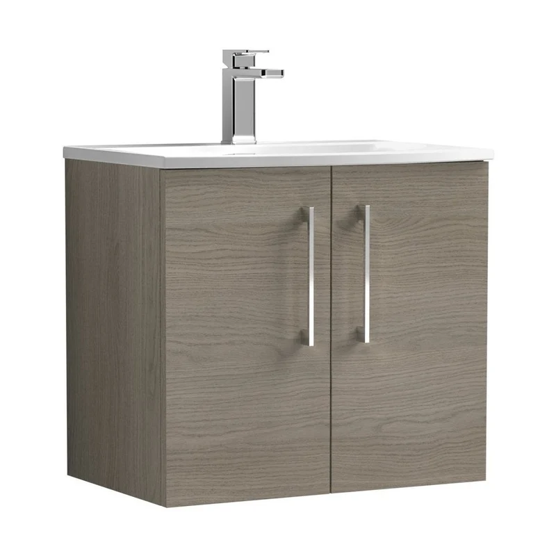 Nuie Arno 600mm Wall Hung 2 Door Vanity & Basin 4 Contemporary Solace Oak MFC Textured Woodgrain 569x610x440mm