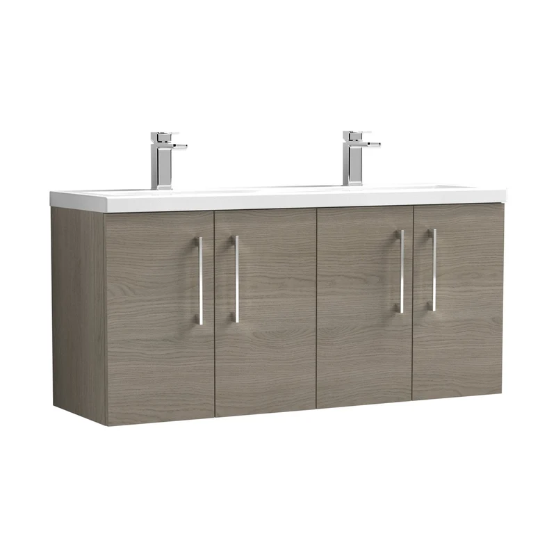 Nuie Arno 1200mm Wall Hung 4 Door Vanity & Double Basin Contemporary Solace Oak MFC Textured Woodgrain 579x1205x383mm