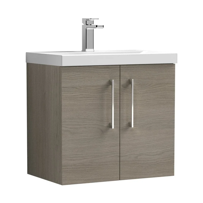 Nuie Arno 600mm Wall Hung 2 Door Vanity & Basin 3 Contemporary Solace Oak MFC Textured Woodgrain 589x610x395mm