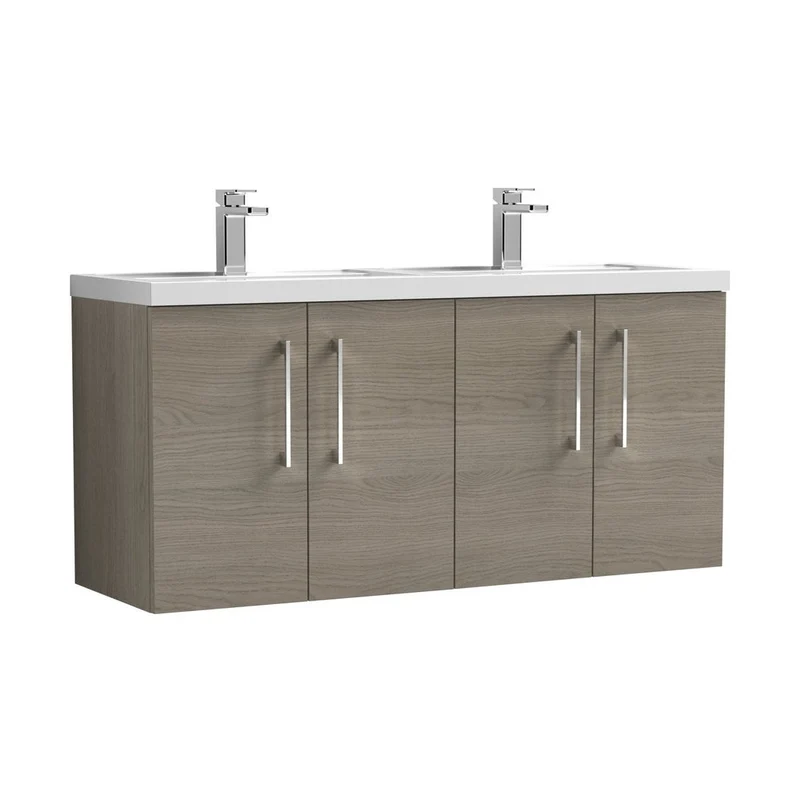 Nuie Arno 1200mm Wall Hung 4 Door Vanity & Double Basin Contemporary Solace Oak MFC Textured Woodgrain 561x1205x383mm
