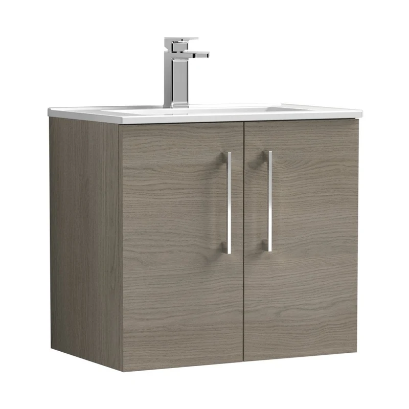 Nuie Arno 600mm Wall Hung 2 Door Vanity & Basin 2 Contemporary Solace Oak MFC Textured Woodgrain 557x600x390mm