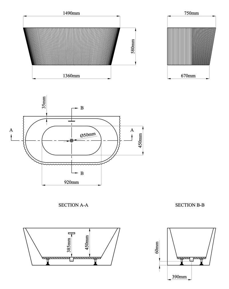 Caversham 1500mm D Shaped Bath Inc Waste - White