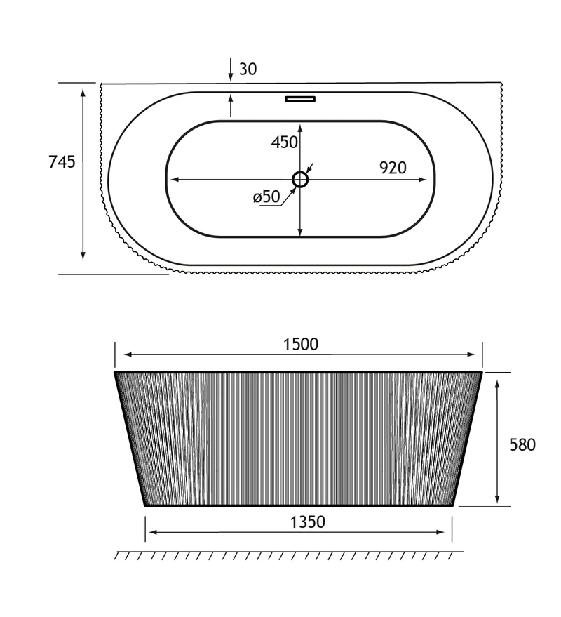 Caversham 1500mm D Shaped Bath Inc Waste - White
