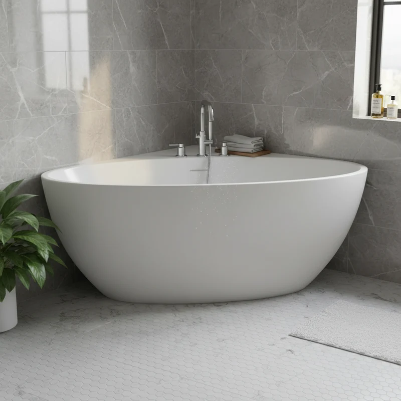 Viktor Benson Orion 1260 x 1260mm Freestanding Corner Bath - Slim Overflow & White Waste