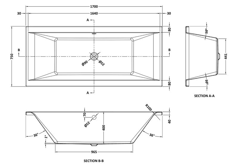 Nuie Square Double Ended Bath 1700x750 - White