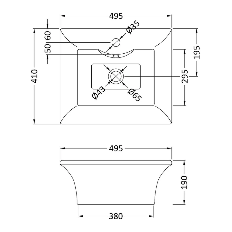 Nuie Vessel Rectangular Basin With Overflow 480 x 380mm - White