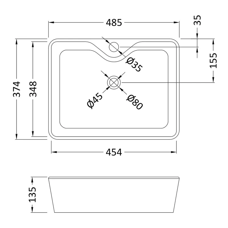 Nuie Vessel Rectangular Basin Without Overflow 485 x 374mm - White