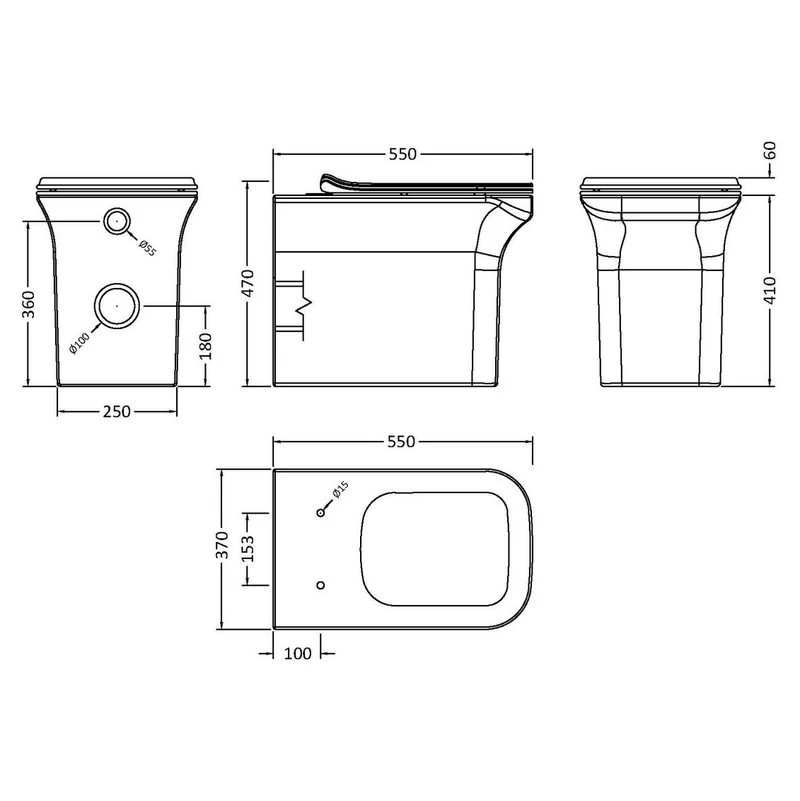 Nuie Ava Rimless Back To Wall Toilet & Soft Close Sandwich Seat - 550mm Projection