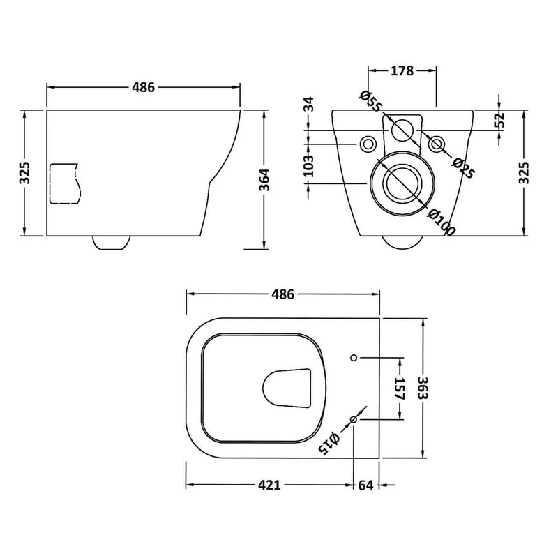 Nuie Ava Rimless Wall HungToilet & Soft Close Seat - 486mm Projection