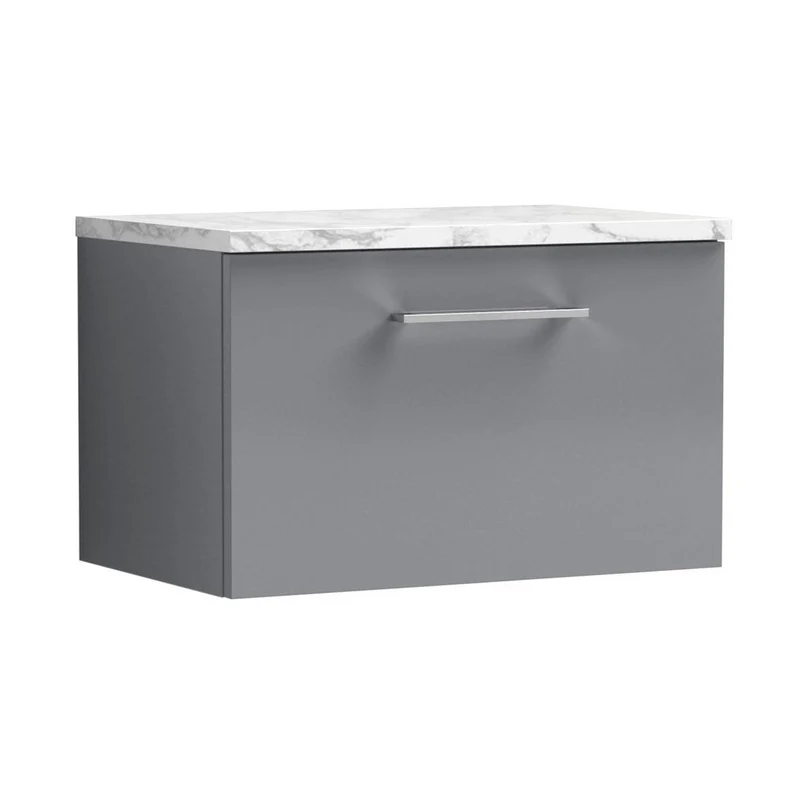Nuie Arno 600mm Wall Hung 1-drawer Vanity & Laminate Worktop Contemporary Satin Grey MFC Painted Matt 381x605x390mm