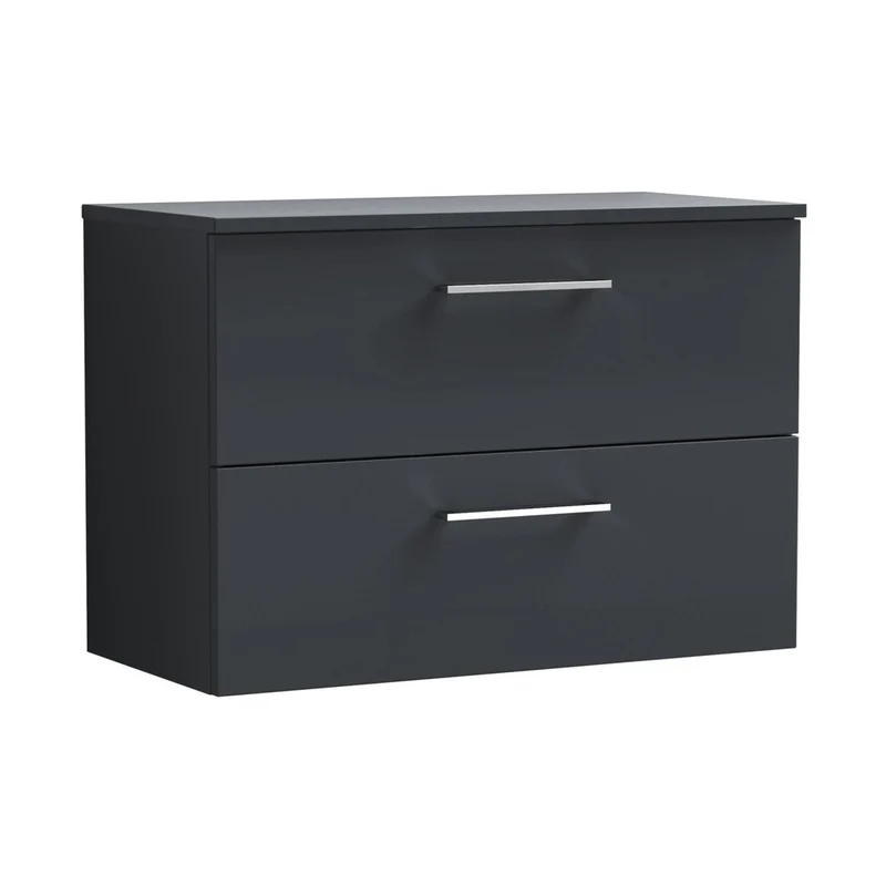 Nuie Arno 800mm Wall Hung 2 Drawer Vanity & Worktop Contemporary Soft Black MFC Painted Matt 557x805x390mm