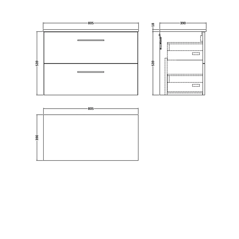 Nuie Arno 800mm Wall Hung 2 Drawer Vanity & Worktop Contemporary Soft Black MFC Painted Matt 557x805x390mm