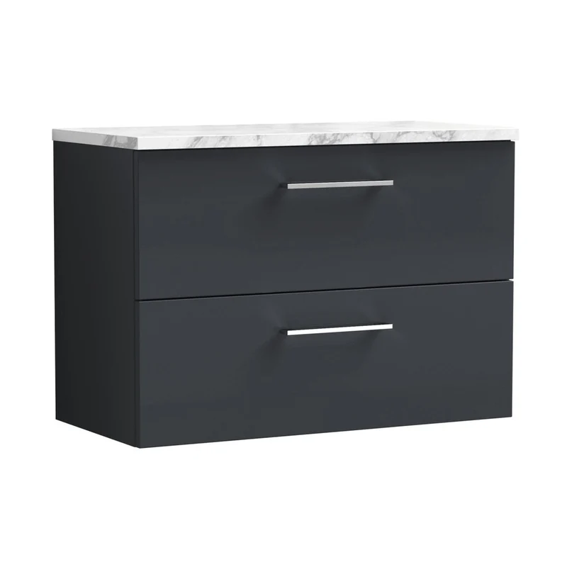 Nuie Arno 800mm Wall Hung 2-drawer Vanity & Laminate Worktop Contemporary Soft Black MFC Painted Matt 562x805x390mm