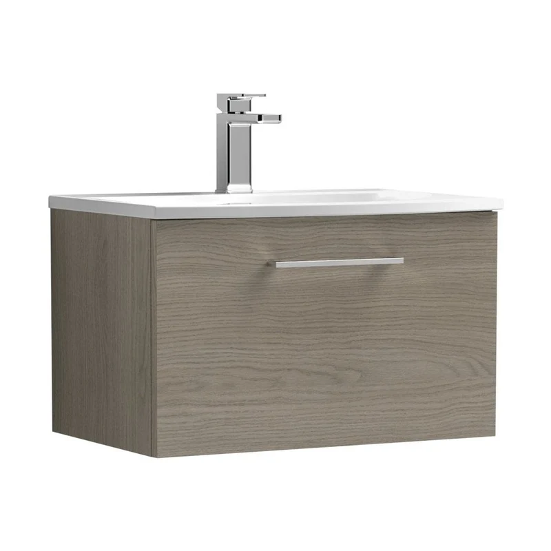 Nuie Arno 600mm Wall Hung 1 Drawer Vanity & Basin 4 Contemporary Solace Oak MFC Textured Woodgrain 389x610x440mm