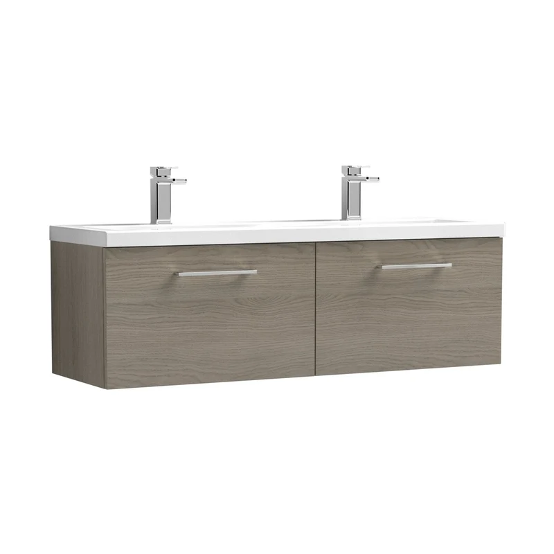 Nuie Arno 1200mm Wall Hung 2 Drawer Vanity & Double Basin Contemporary Solace Oak MFC Textured Woodgrain 399x1205x383mm