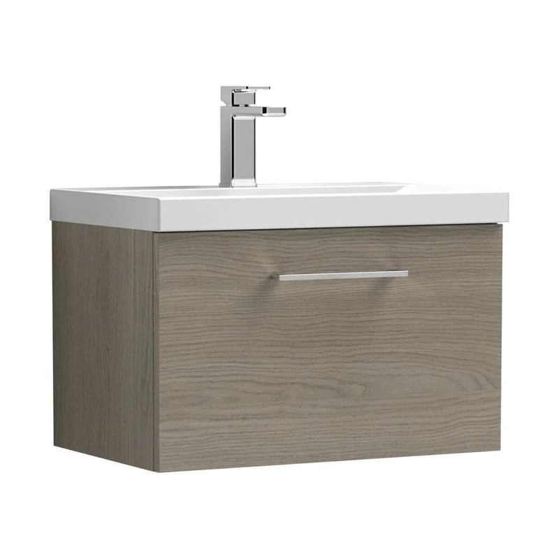Nuie Arno 600mm Wall Hung 1 Drawer Vanity & Basin 3 Contemporary Solace Oak MFC Textured Woodgrain 409x610x395mm