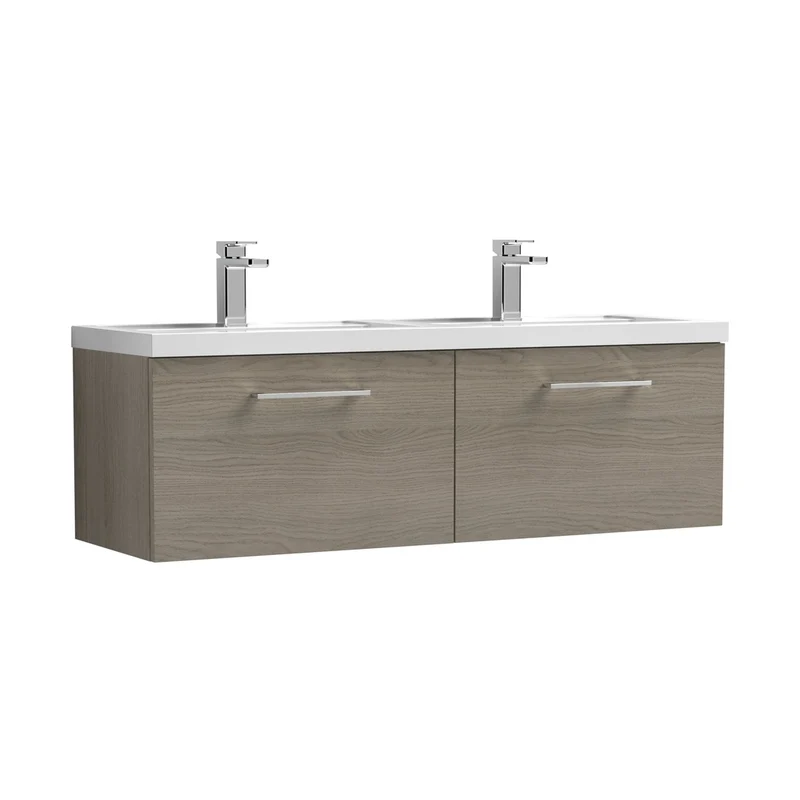 Nuie Arno 1200mm Wall Hung 2 Drawer Vanity & Double Basin Contemporary Solace Oak MFC Textured Woodgrain 377x1205x383mm