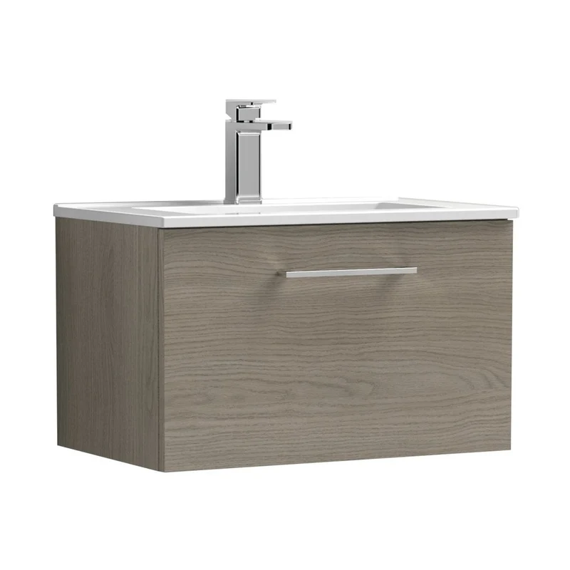 Nuie Arno 600mm Wall Hung 1 Drawer Vanity & Basin 2 Contemporary Solace Oak 377x600x390mm