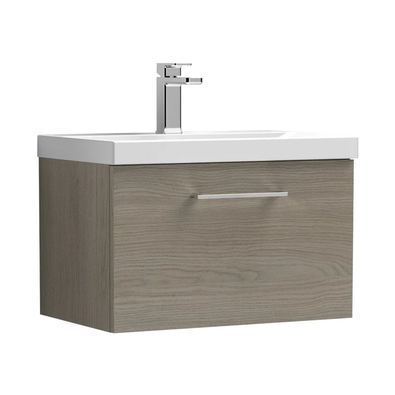 Nuie Arno 600mm Wall Hung 1 Drawer Vanity & Basin 1 Contemporary Solace Oak 399x610x390mm