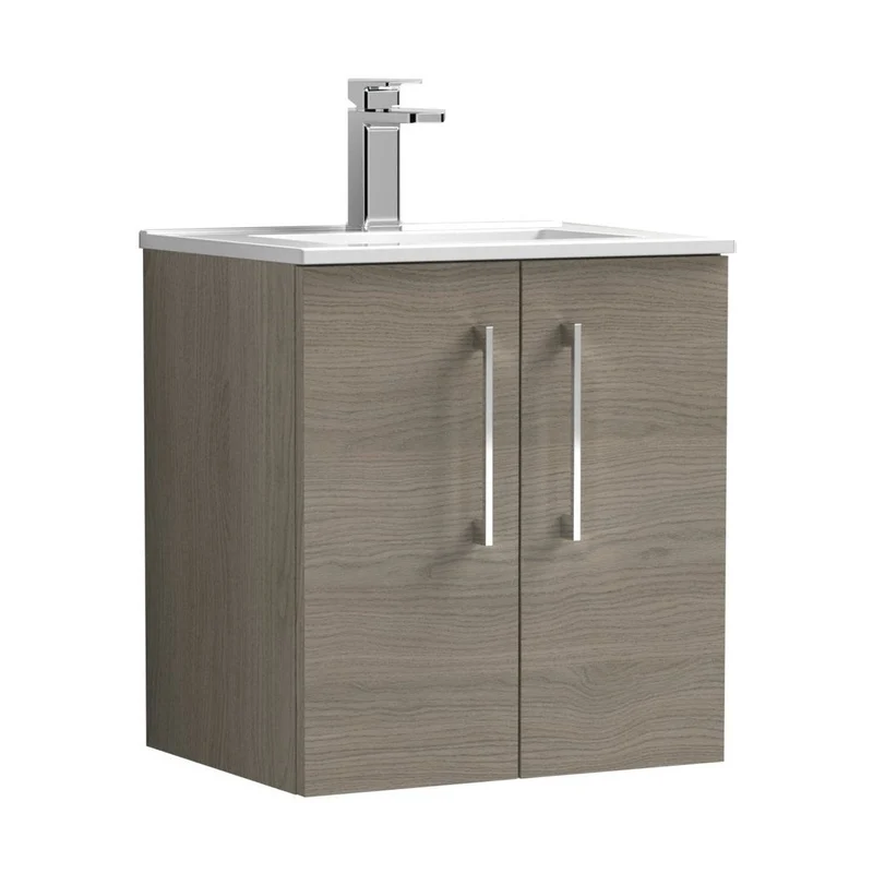Nuie Arno 500mm Wall Hung 2 Door Vanity & Basin 2 Contemporary Solace Oak 557x500x390mm