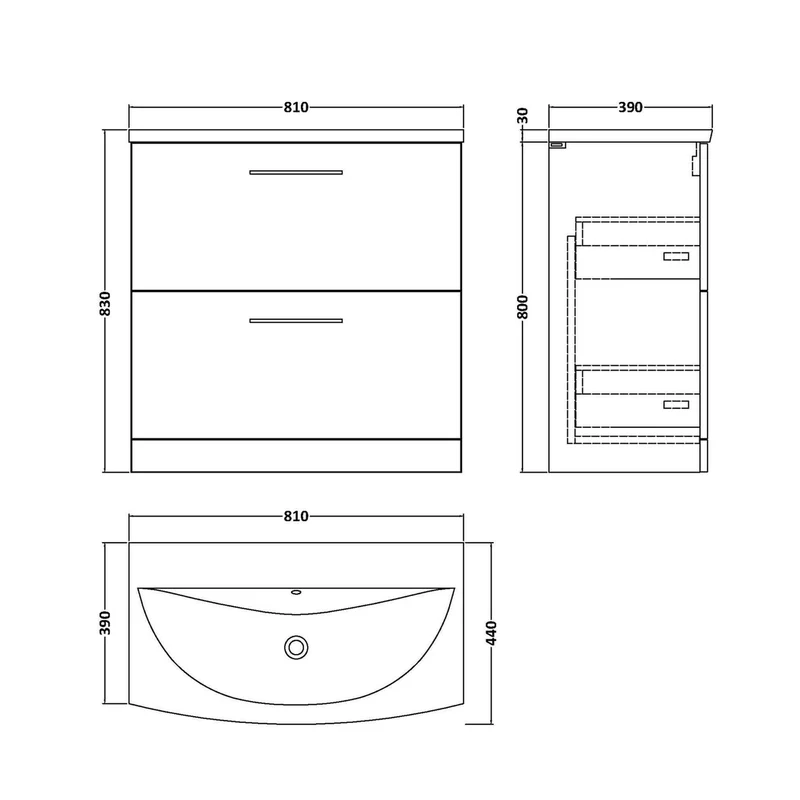 Nuie Arno 800mm Floor Standing 2 Drawer Vanity & Basin 4 Contemporary Satin Grey MFC 830x810x440mm