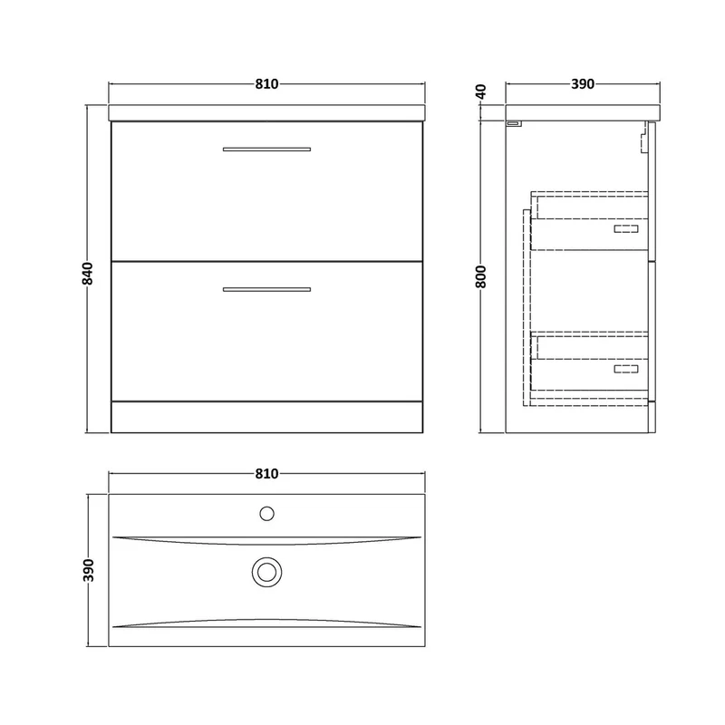 Nuie Arno 800mm Floor Standing 2 Drawer Vanity & Basin 1 Contemporary Satin Grey MFC 850x810x390mm