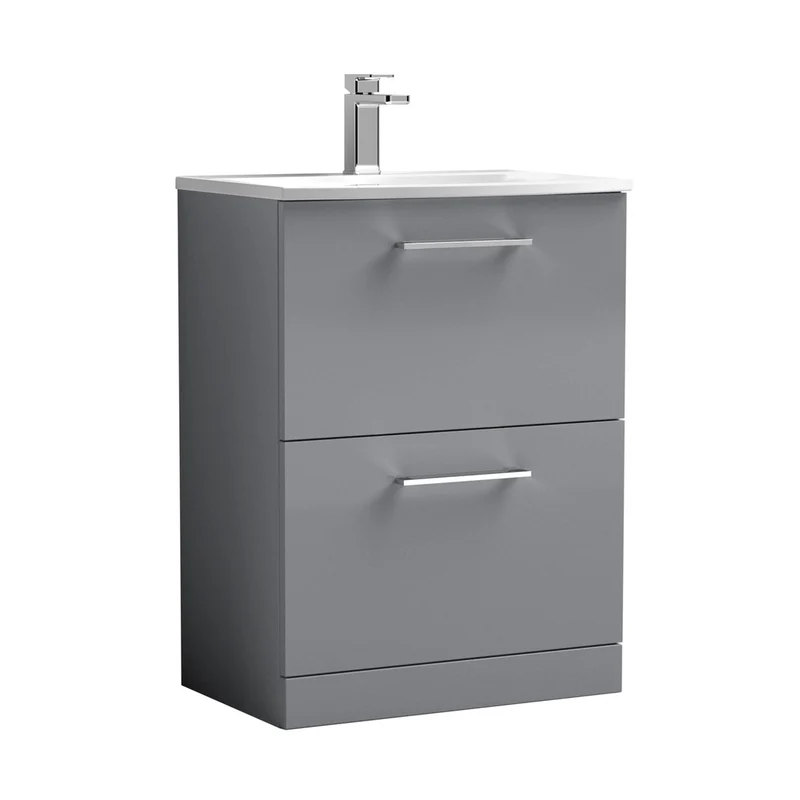 Nuie Arno 600mm Floor Standing 2 Drawer Vanity & Basin 4 Contemporary Satin Grey MFC 830x610x440mm
