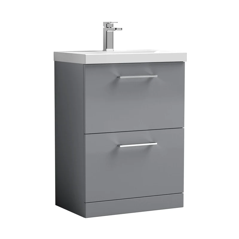 Nuie Arno 600mm Floor Standing 2 Drawer Vanity & Basin 3 Contemporary Satin Grey MFC 850x610x395mm