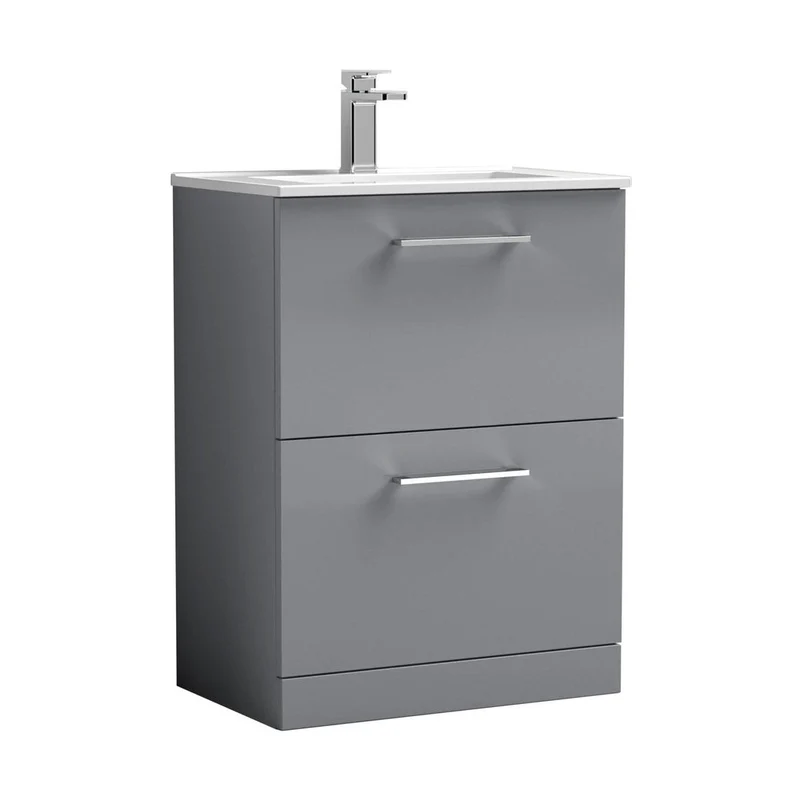 Nuie Arno 600mm Floor Standing 2 Drawer Vanity & Basin 2 Contemporary Satin Grey MFC 818x600x390mm