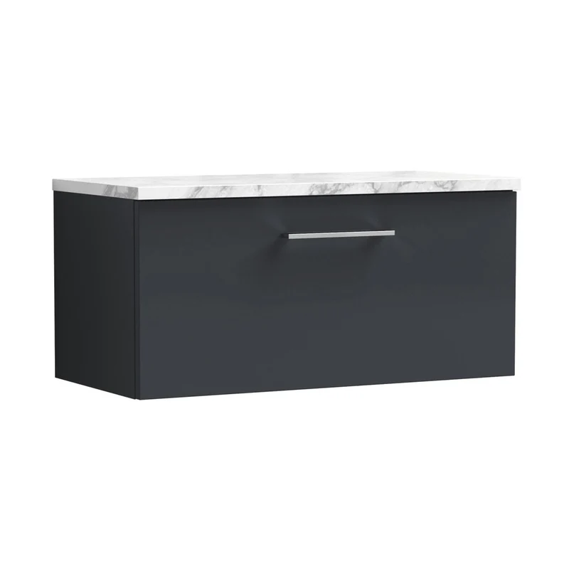 Nuie Arno 800mm Wall Hung 1-drawer Vanity & Laminate Worktop Contemporary Soft Black MFC Painted Matt 381x805x390mm