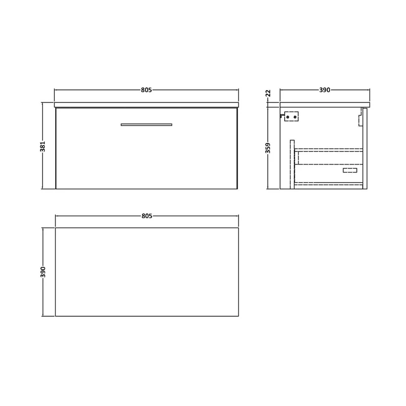 Nuie Arno 800mm Wall Hung Single Drawer Vanity & Laminate Top Contemporary Soft Black MFC Painted Matt 381x805x390mm