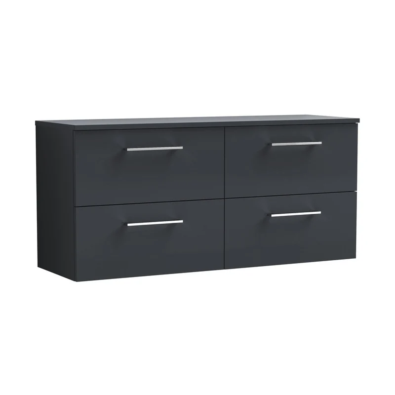 Nuie Arno 1200mm Wall Hung 4 Drawer Vanity & Worktop Contemporary Soft Black MFC Painted Matt 557x1205x390mm
