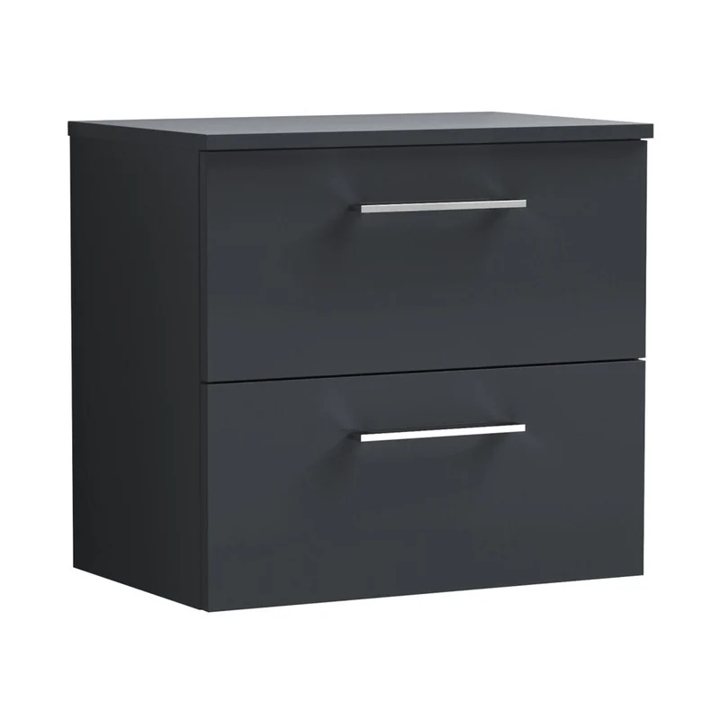 Nuie Arno 600mm Wall Hung 2 Drawer Vanity & Worktop Contemporary Soft Black MFC Painted Matt 557x605x383mm