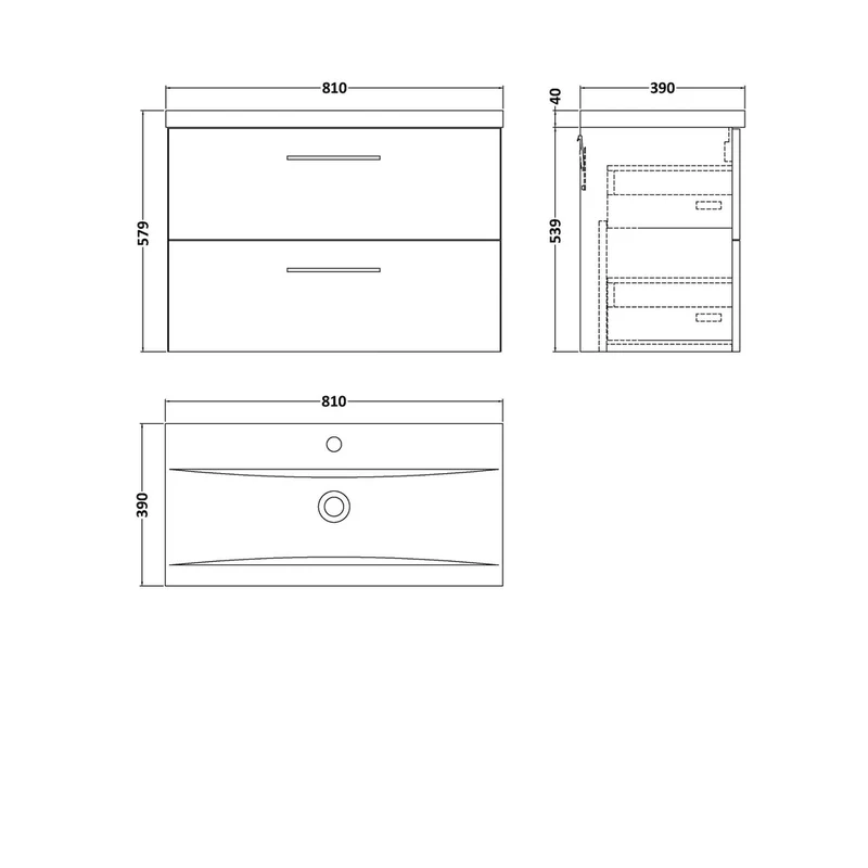 Nuie Arno 800mm Wall Hung 2 Drawer Vanity & Basin 1 Contemporary Satin Grey 579x810x390mm