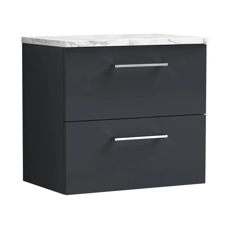 Nuie Arno 600mm Wall Hung 2-drawer Vanity & Laminate Worktop Contemporary Soft Black MFC Painted Matt 562x605x390mm