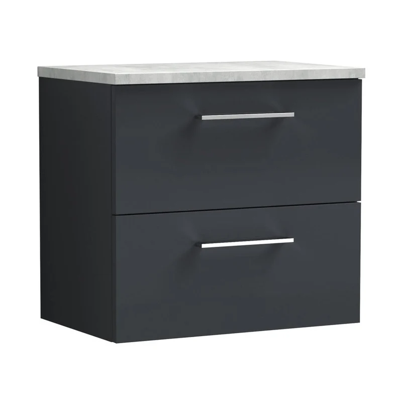 Nuie Arno 600mm Wall Hung 2 Drawer Vanity & Laminate Top Contemporary Soft Black MFC Painted Matt 561x605x390mm
