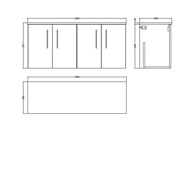 Nuie Arno 1200mm Wall Hung 4 Door Vanity & Worktop Contemporary Soft Black MFC Painted Matt 557x1205x390mm