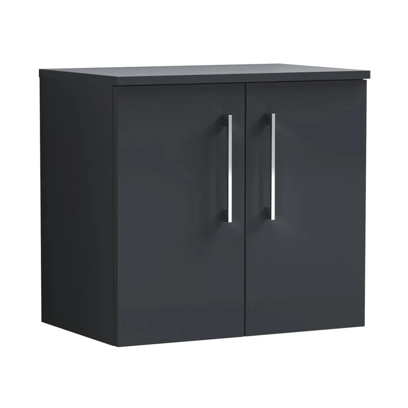Nuie Arno 600mm Wall Hung 2 Door Vanity & Worktop Contemporary Soft Black MFC Painted Matt 557x600x383mm