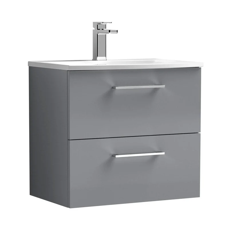 Nuie Arno 600mm Wall Hung 2 Drawer Vanity & Basin 4 Contemporary Satin Grey 569x610x440mm