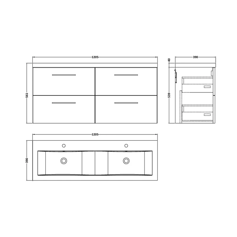 Nuie Arno 1200mm Wall Hung 4 Drawer Vanity & Double Basin Contemporary Satin Grey MFC Painted Matt 579x1205x383mm - ARN2224F