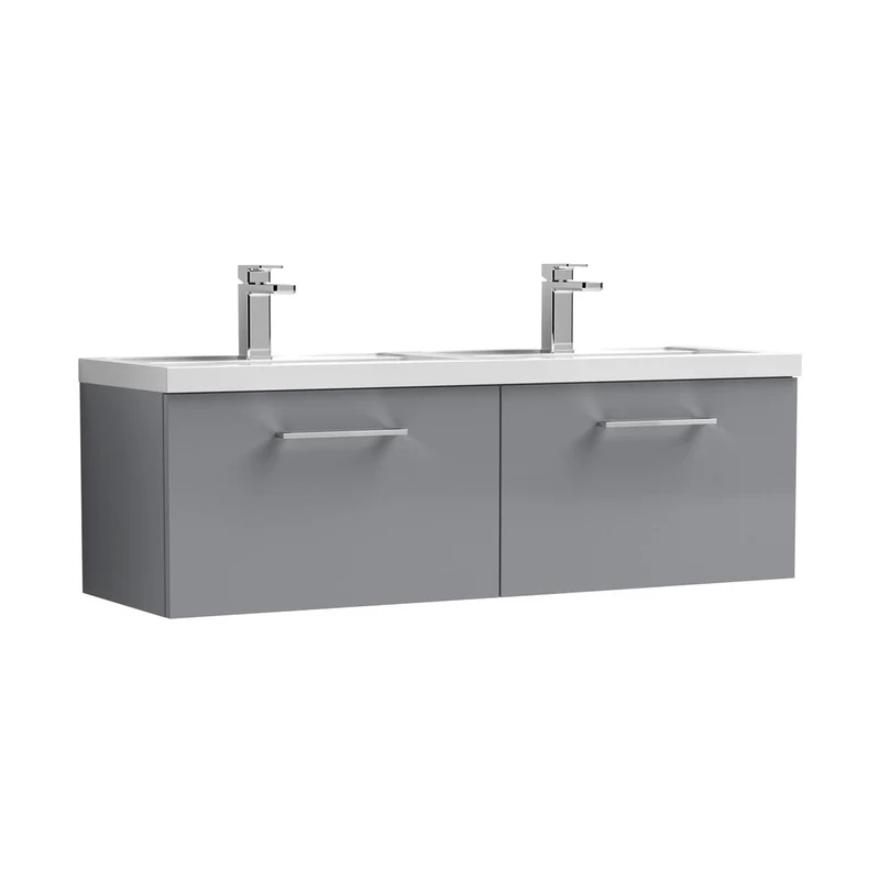 Nuie Arno 1200mm Wall Hung 2 Drawer Vanity & Double Basin Contemporary Satin Grey MFC Painted Matt 399x1205x383mm - ARN2222C